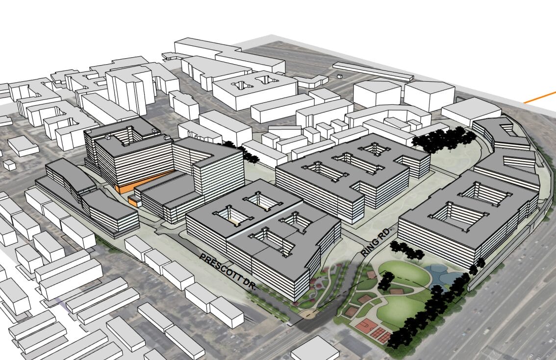 Intec conceptual massing from the northeast showing apartment blocks near Prescott Drive and the Beltway
