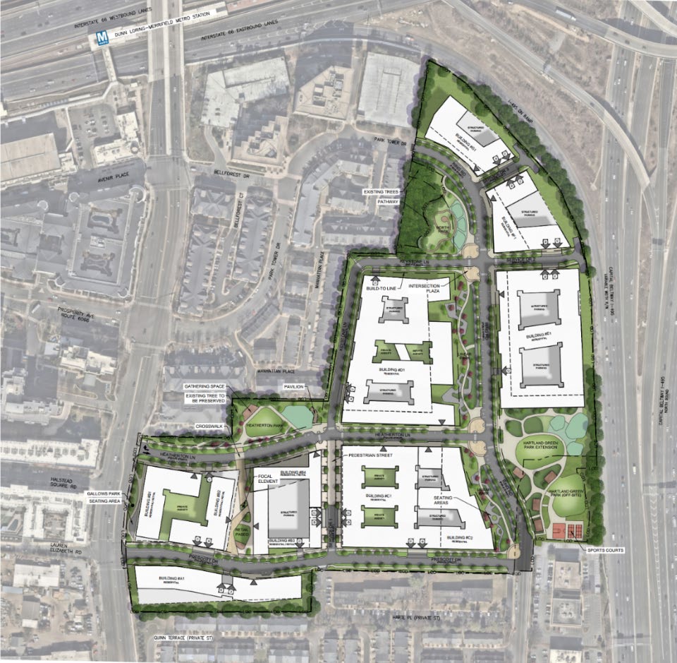 Intec apartment concept with a new internal street network, parks and retained-tree areas beside Gallows Road