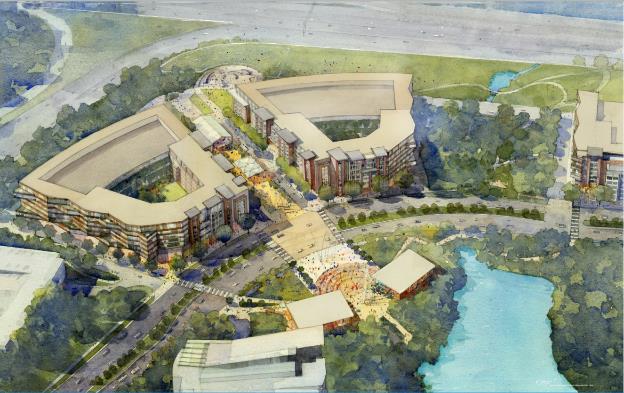 Historical Fairview Subunit I1 mixed-use rendering with a central plaza, buildings and lake