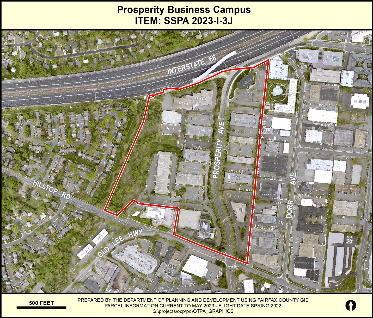 County aerial outlining the entire Prosperity Business Campus on both sides of Prosperity Avenue