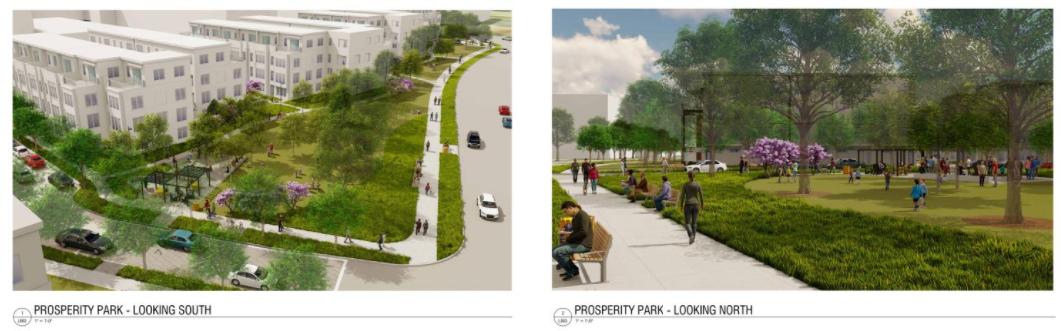 Two applicant perspectives of proposed Prosperity park frontage and townhomes, looking south and north