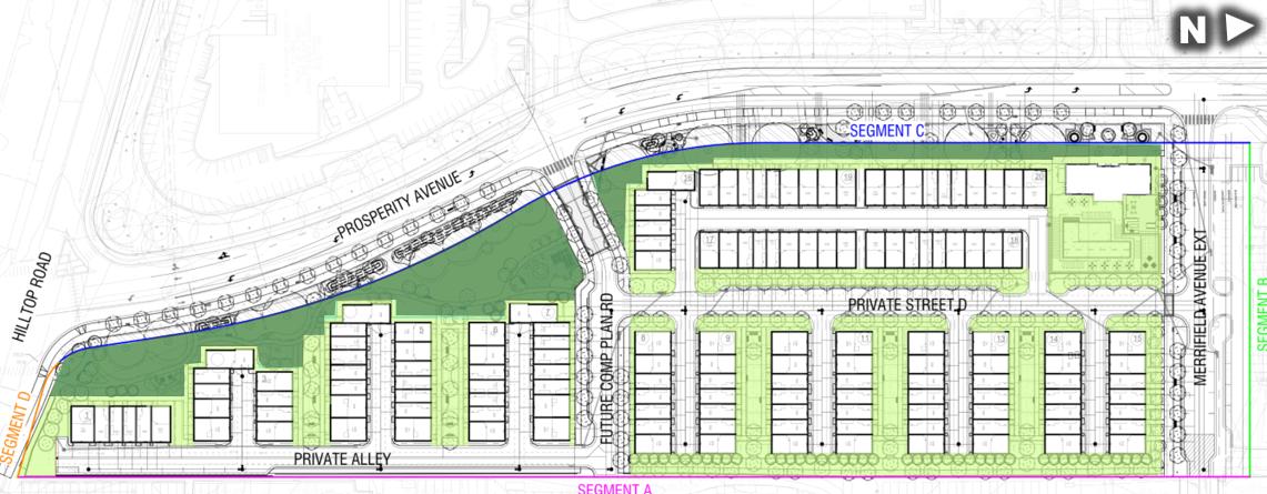 Phase 1 open-space plan showing 156 townhomes east of Prosperity Avenue and darker-green public park frontage
